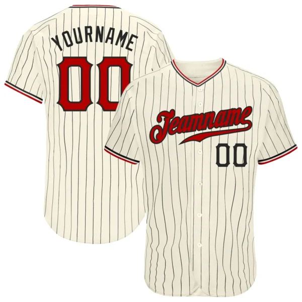 Custom Cream Pinstripe Baseball Jersey with Red-Black