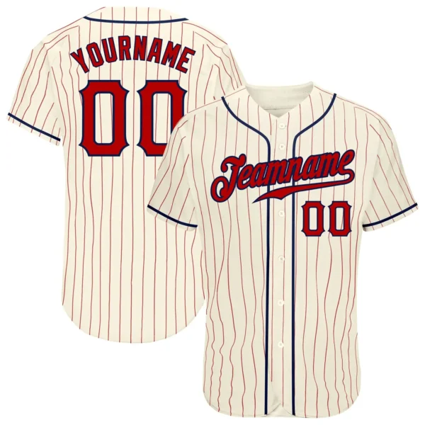 Custom Cream Pinstripe Baseball Jersey with Red-Navy