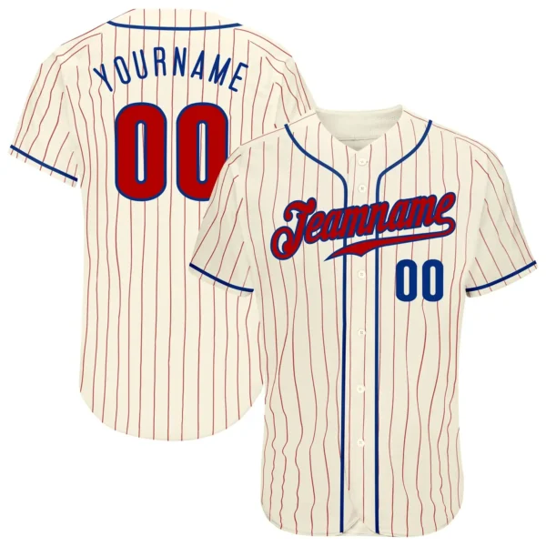 Custom Cream Pinstripe Baseball Jersey with Red-Royal