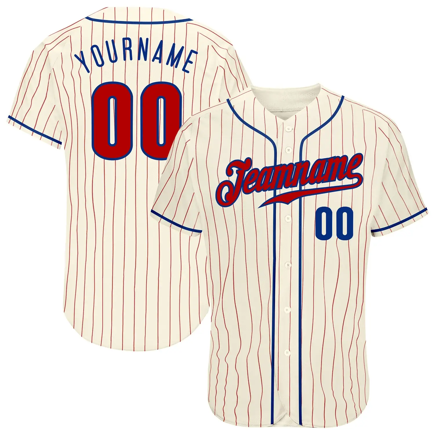 Custom Cream Pinstripe Baseball Jersey with Red-Royal