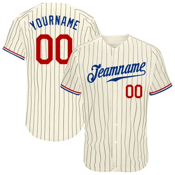 Custom Cream Pinstripe Baseball Jersey with Red-Royal