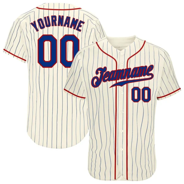 Custom Cream Pinstripe Baseball Jersey with Royal-Red