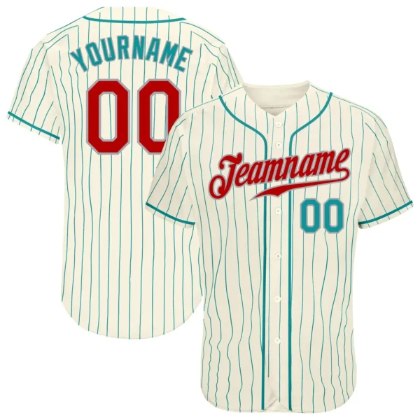 Custom Cream Pinstripe Baseball Jersey with Teal-Gray