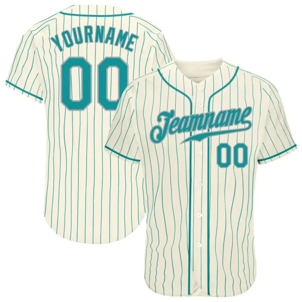 Custom Cream Pinstripe Baseball Jersey with Teal-Gray
