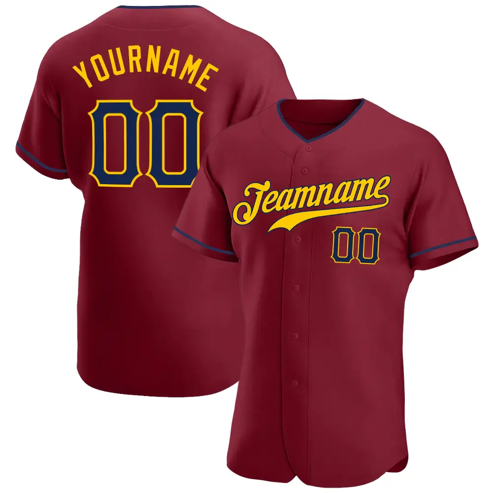 Custom Crimson Baseball Jersey with Navy-Gold