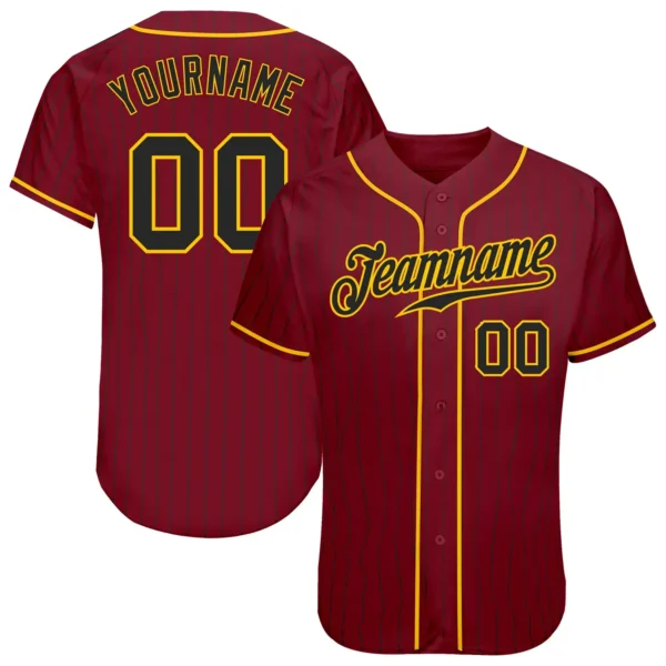 Custom Crimson Pinstripe Baseball Jersey with Black-Gold