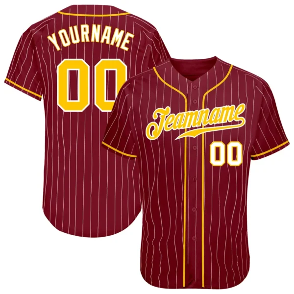 Custom Crimson Pinstripe Baseball Jersey with Gold-White