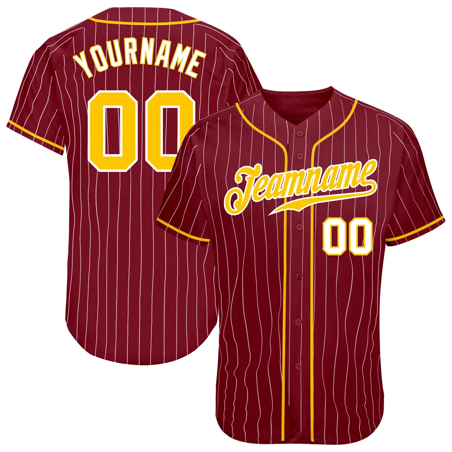 Custom Crimson Pinstripe Baseball Jersey with Gold-White