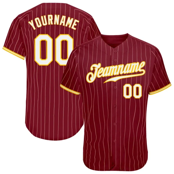 Custom Crimson Pinstripe Baseball Jersey with Gold-White