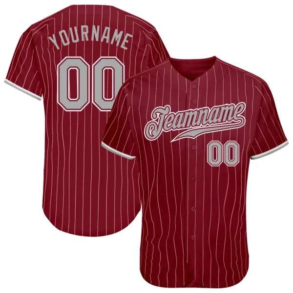 Custom Crimson Pinstripe Baseball Jersey with Gray-White