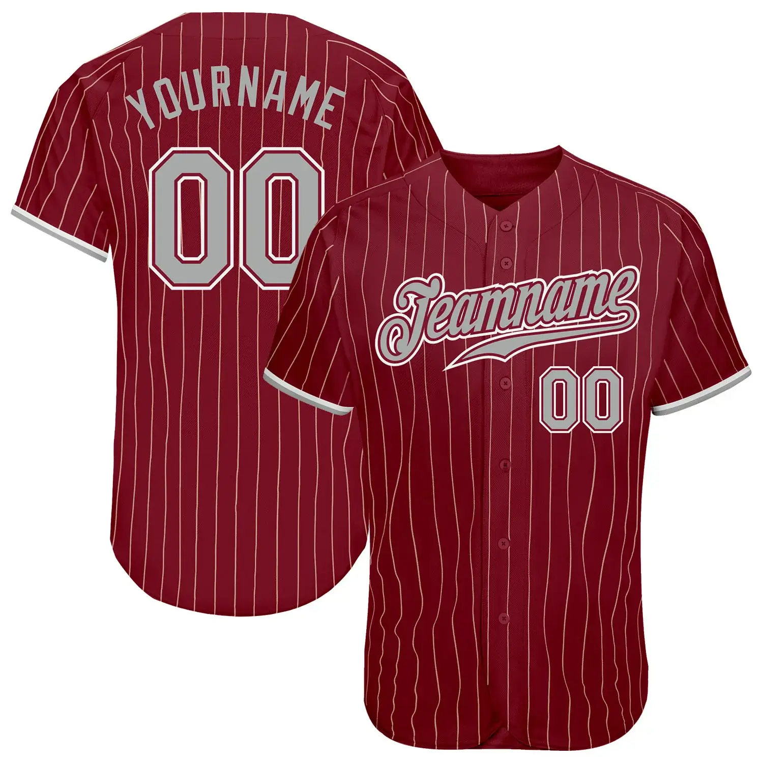 Custom Crimson Pinstripe Baseball Jersey with Gray-White
