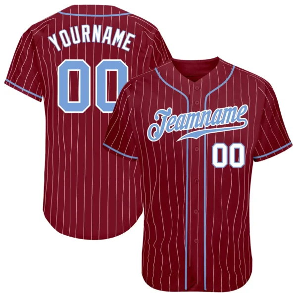 Custom Crimson Pinstripe Baseball Jersey with Light Blue-White
