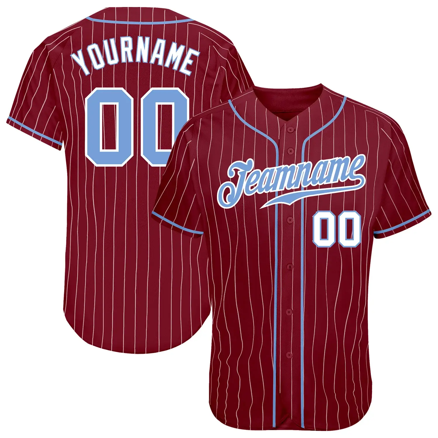 Custom Crimson Pinstripe Baseball Jersey with Light Blue-White
