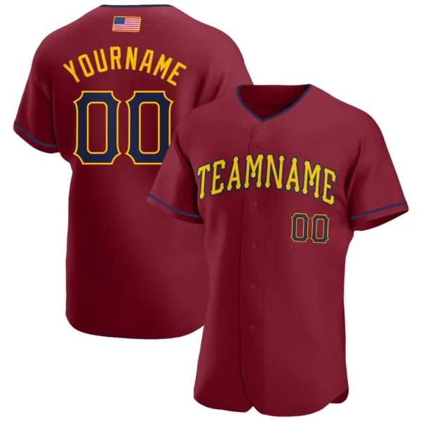 Custom Crimson USA Flag Fashion Baseball Jersey with Navy-Gold