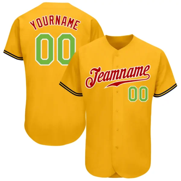 Custom Gold Baseball Jersey with Neon Green-Red