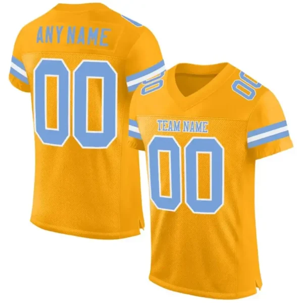 Custom Gold Mesh Football Jersey with Light Blue-White