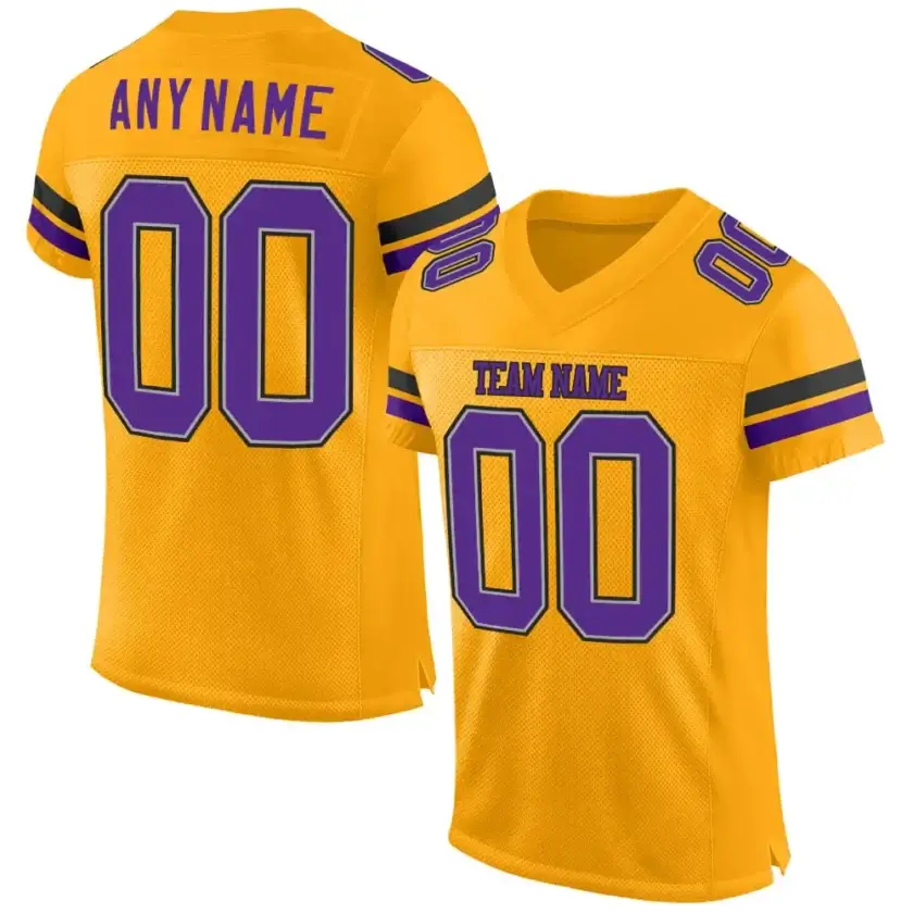 Custom Gold Mesh Football Jersey with Purple-Black