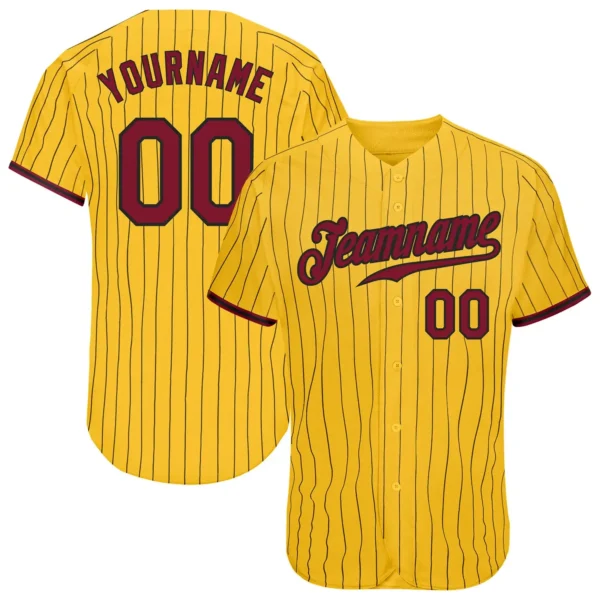 Custom Gold Pinstripe Baseball Jersey with Crimson-Black