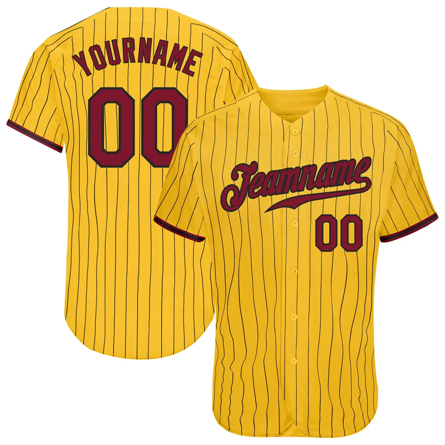 Custom Gold Pinstripe Baseball Jersey with Crimson-Black
