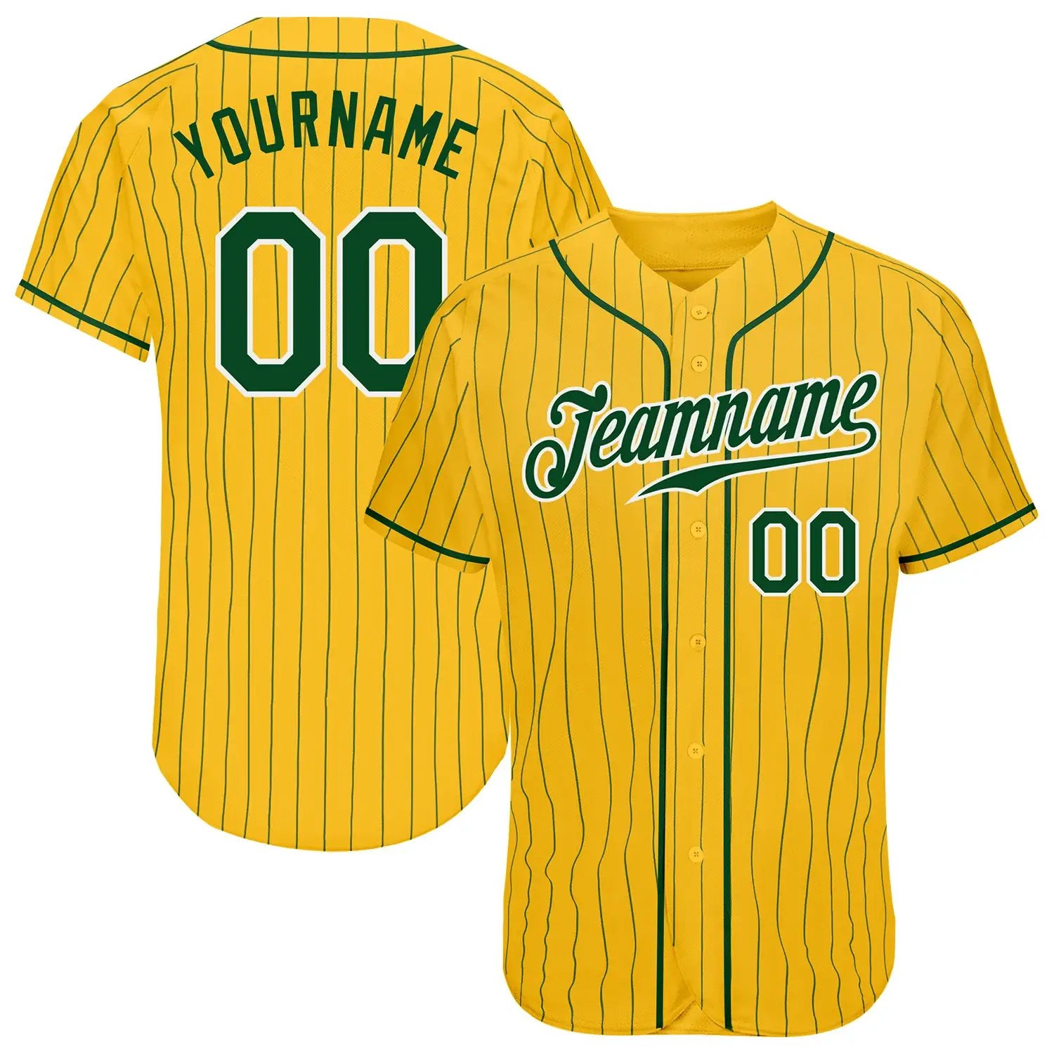 Custom Gold Pinstripe Baseball Jersey with Green-White