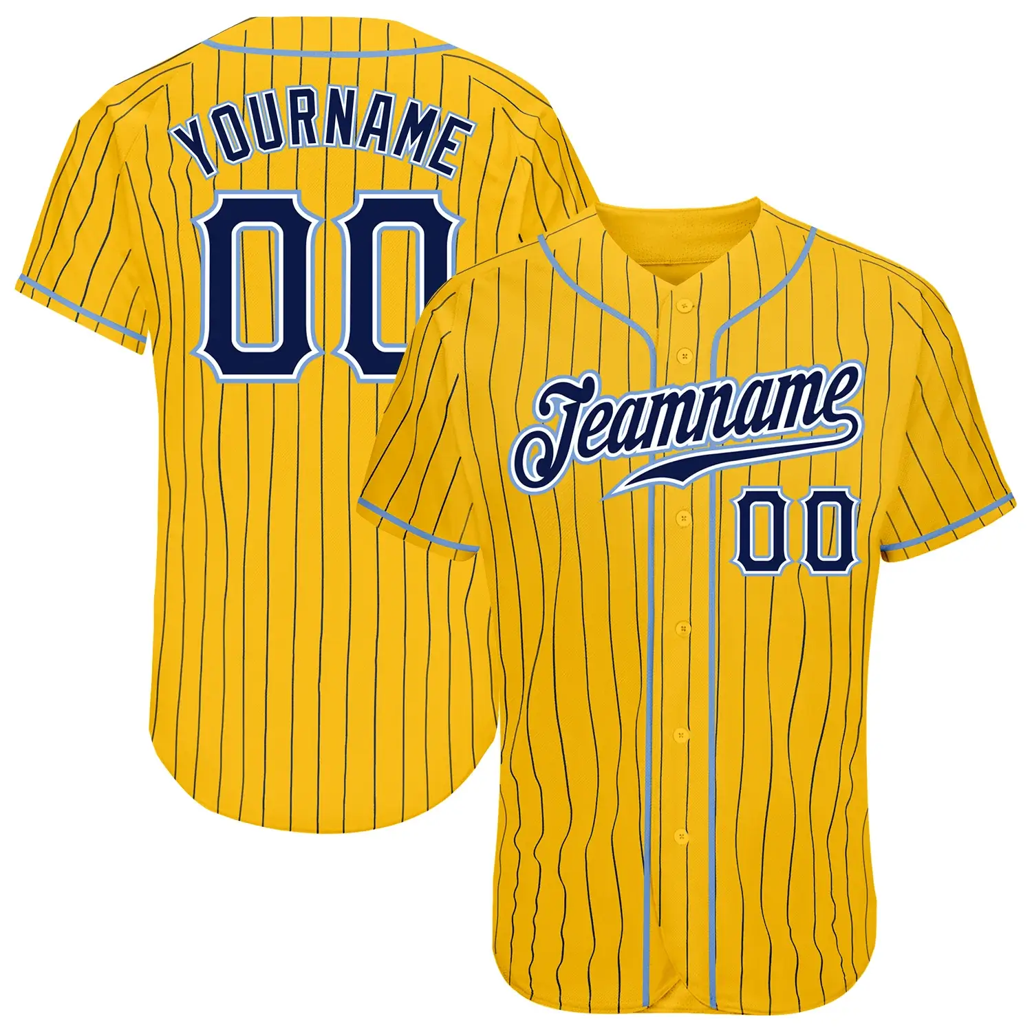 Custom Gold Pinstripe Baseball Jersey with Navy-Light Blue