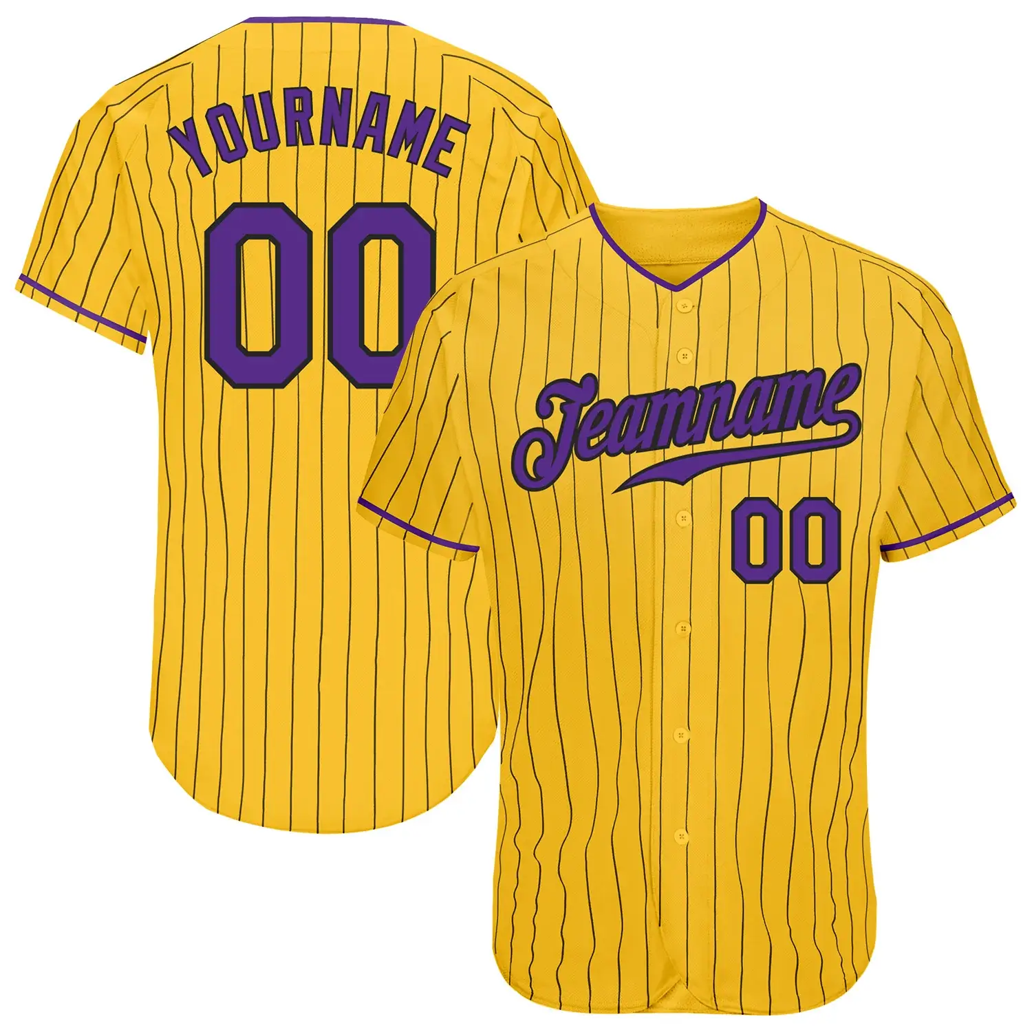 Custom Gold Pinstripe Baseball Jersey with Purple-Black