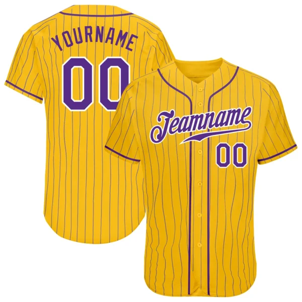 Custom Gold Pinstripe Baseball Jersey with Purple-White