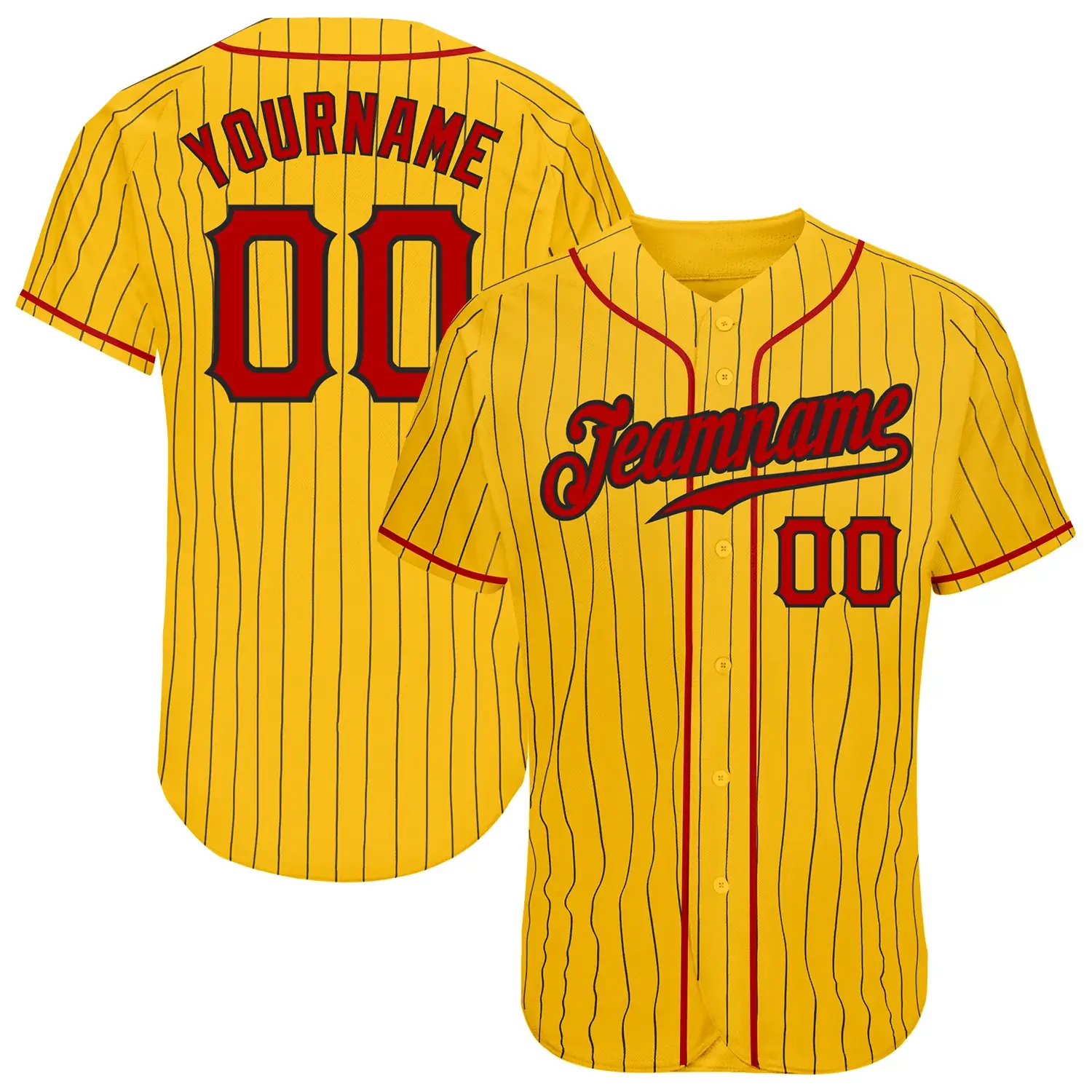 Custom Gold Pinstripe Baseball Jersey with Red-Black
