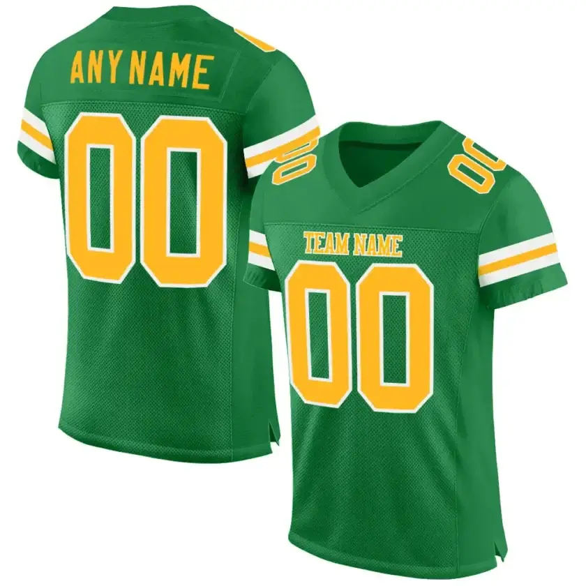 Custom Grass Green Mesh Football Jersey with Gold-White