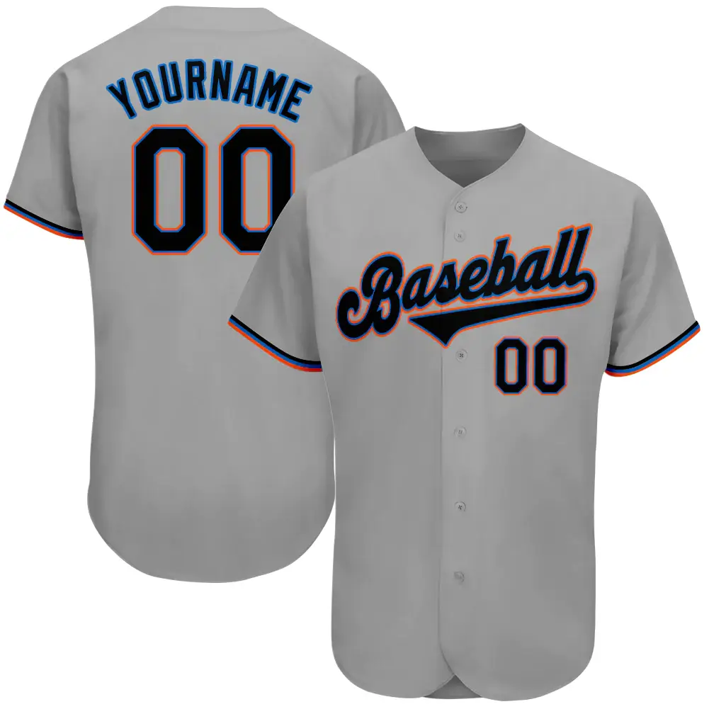 Custom Gray Baseball Jersey with Black-Light Blue