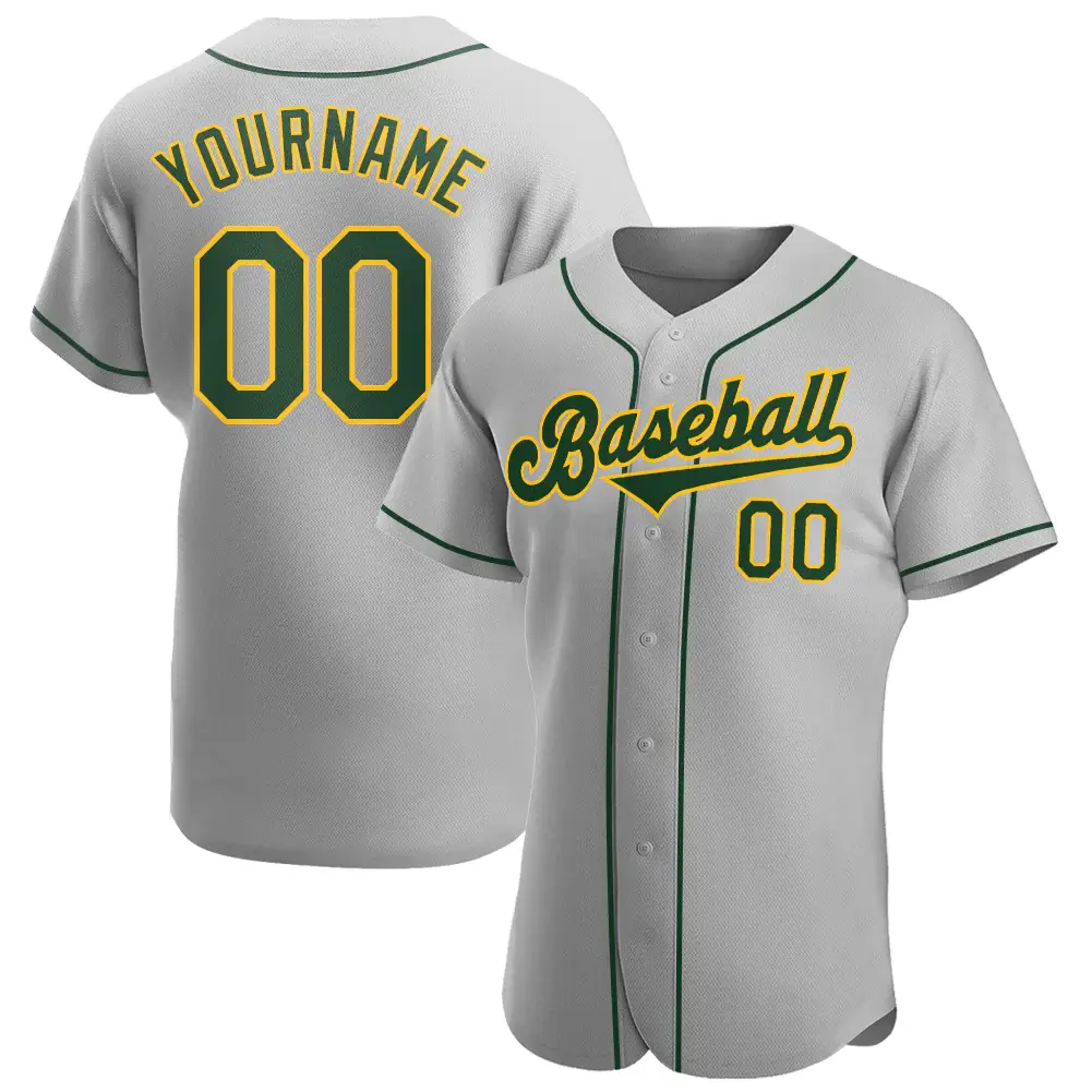 Custom Gray Baseball Jersey with Green-Gold