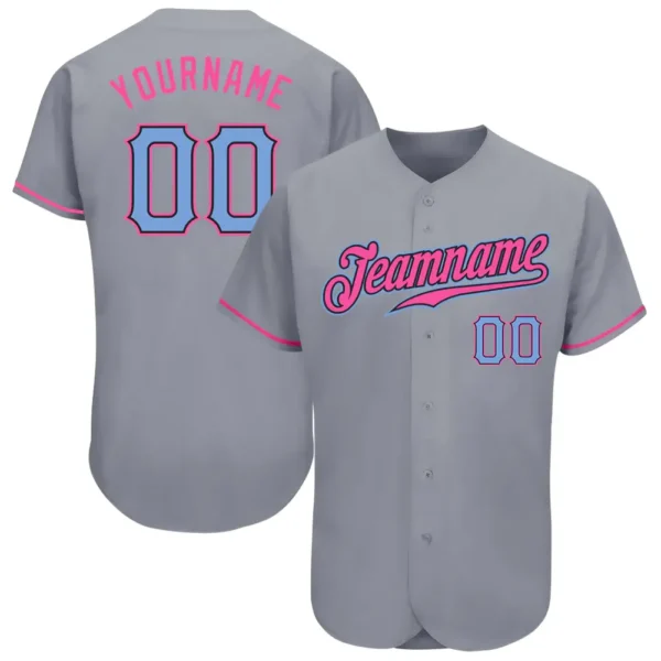 Custom Gray Baseball Jersey with Light Blue-Pink