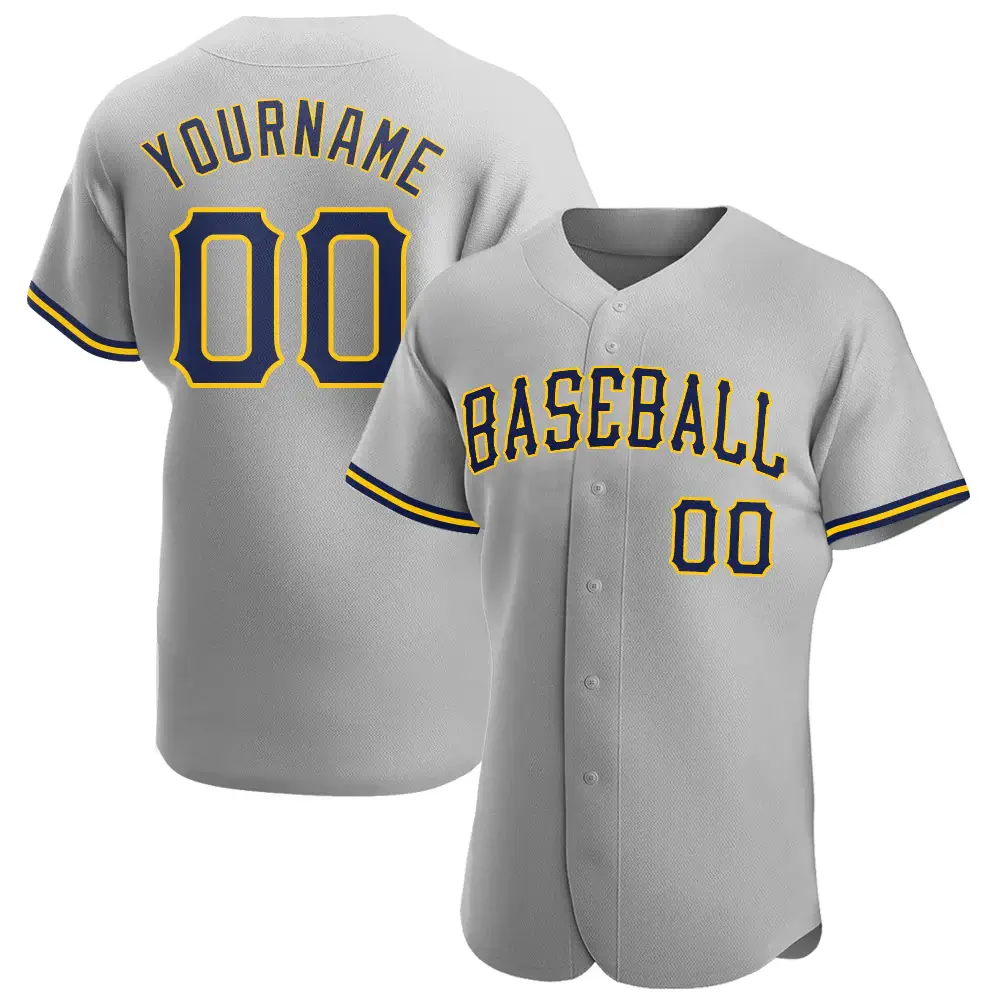 Custom Gray Baseball Jersey with Navy-Gold