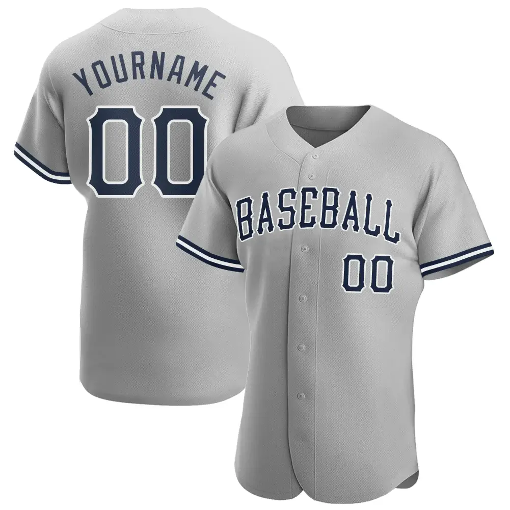Custom Gray Baseball Jersey with Navy-White