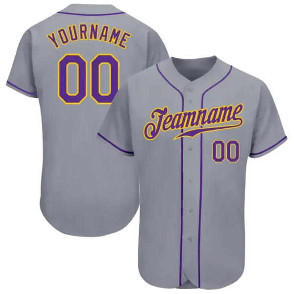Custom Gray Baseball Jersey with Purple-Gold