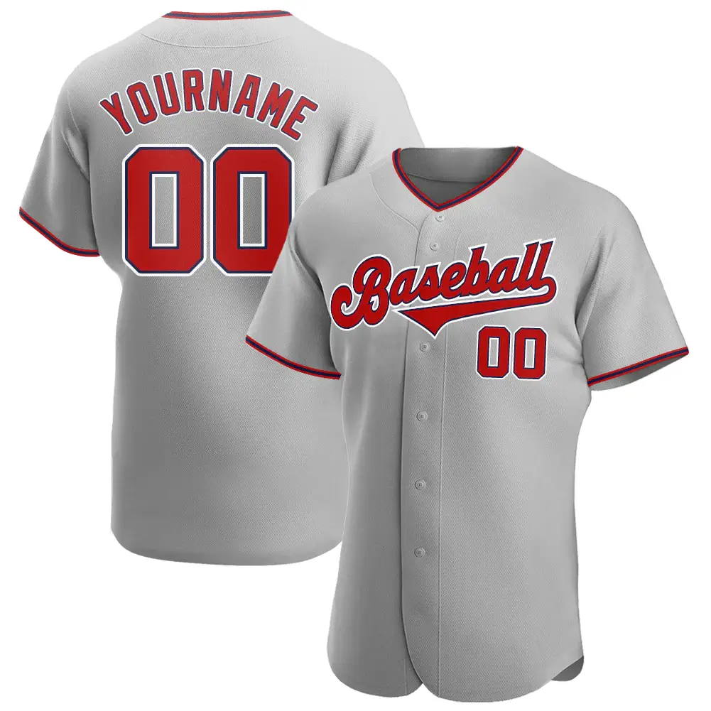Custom Gray Baseball Jersey with Red-Navy