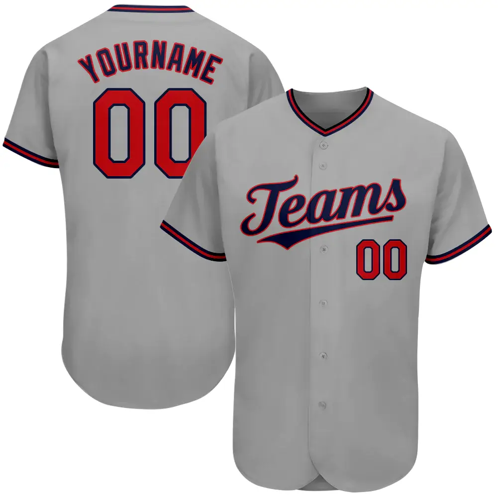 Custom Gray Baseball Jersey with Red-Navy