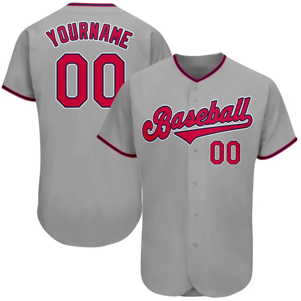 Custom Gray Baseball Jersey with Red-Navy