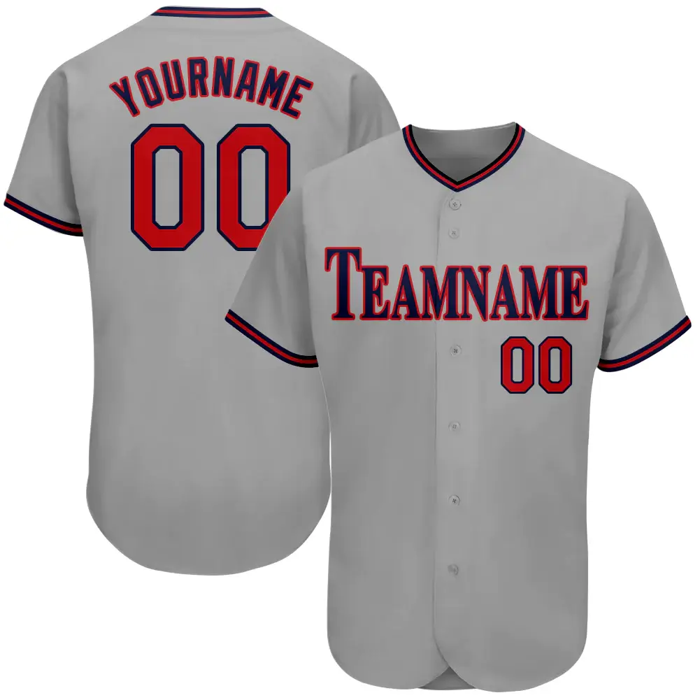 Custom Gray Baseball Jersey with Red-Navy