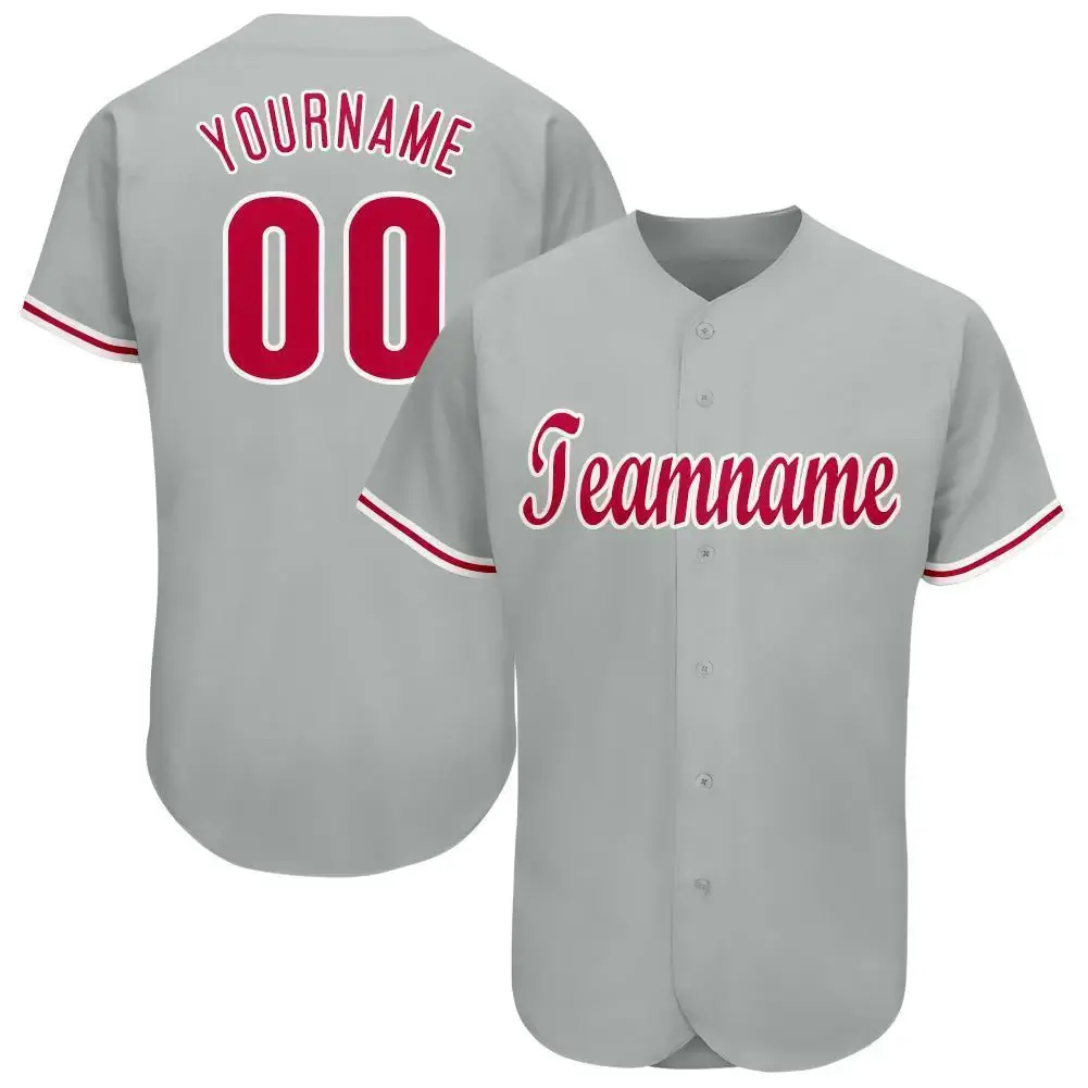 Custom Gray Baseball Jersey with Red-White