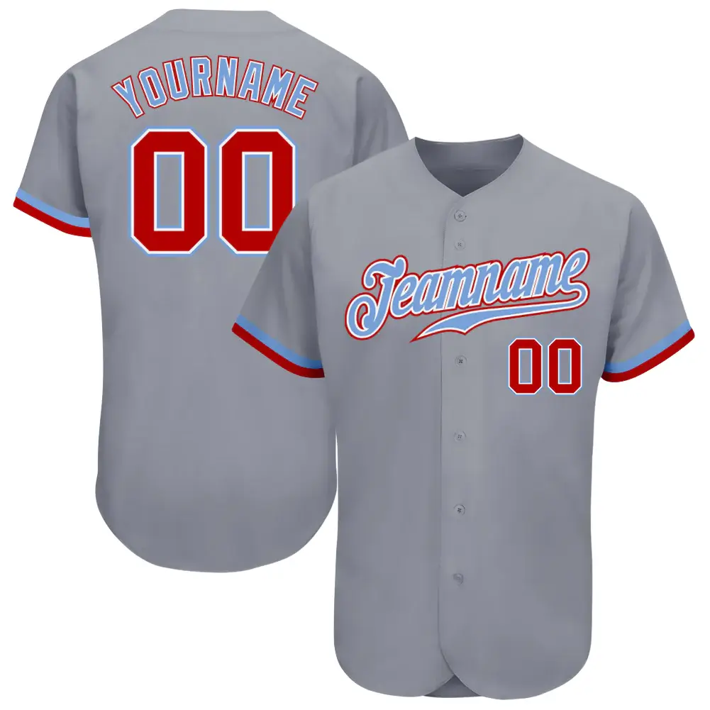 Custom Gray Baseball Jersey with Red-White-Light Blue