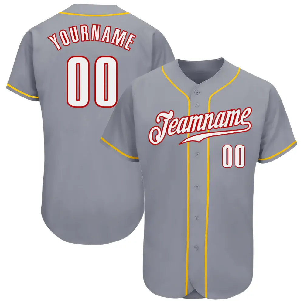 Custom Gray Baseball Jersey with White-Red-Gold