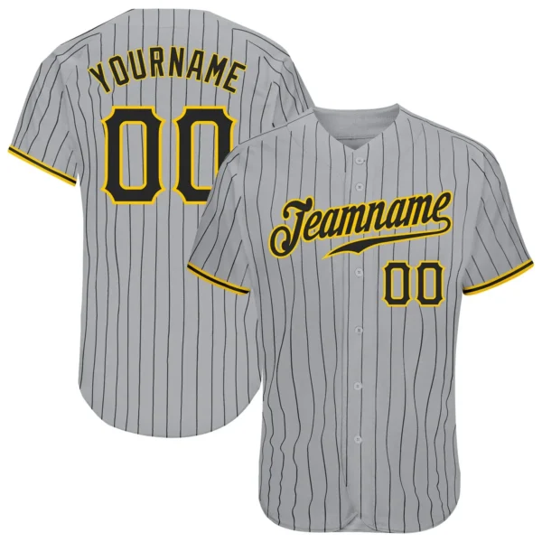Custom Gray Pinstripe Baseball Jersey with Black-Gold