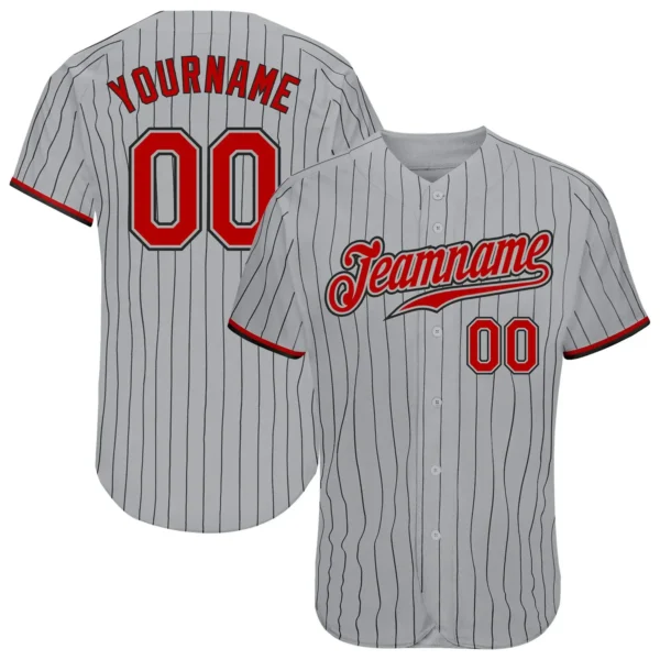 Custom Gray Pinstripe Baseball Jersey with Red-Black