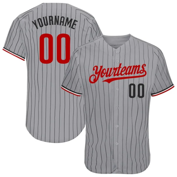 Custom Gray Pinstripe Baseball Jersey with Red-White