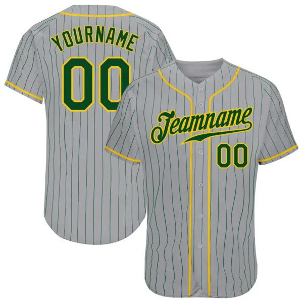 Custom Gray Pinstripe Baseball Jersey with Green-Gold