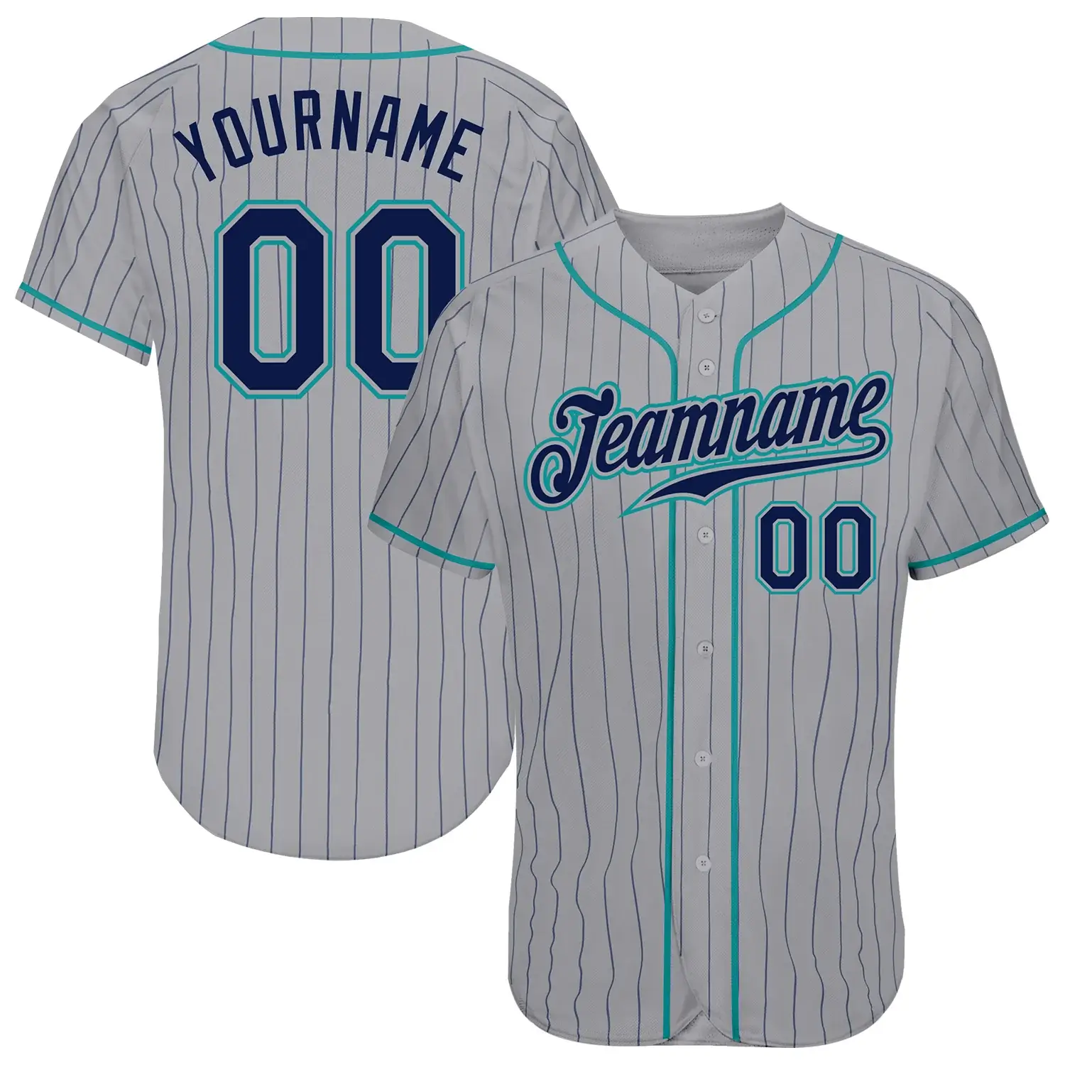 Custom Gray Pinstripe Baseball Jersey with Navy-Teal