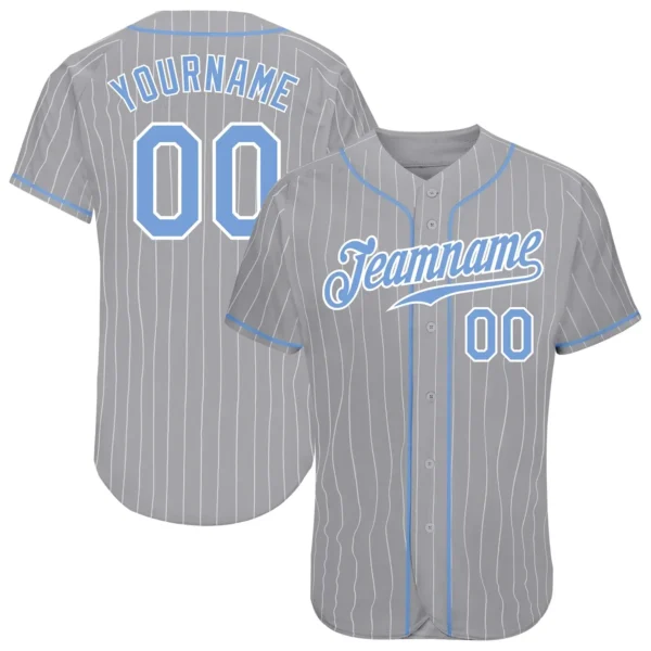 Custom Gray Pinstripe Baseball Jersey with Light Blue-White