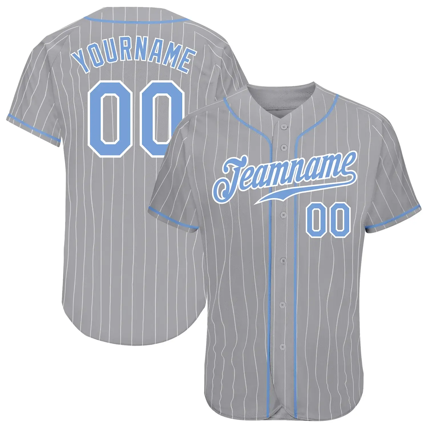 Custom Gray Pinstripe Baseball Jersey with Light Blue-White