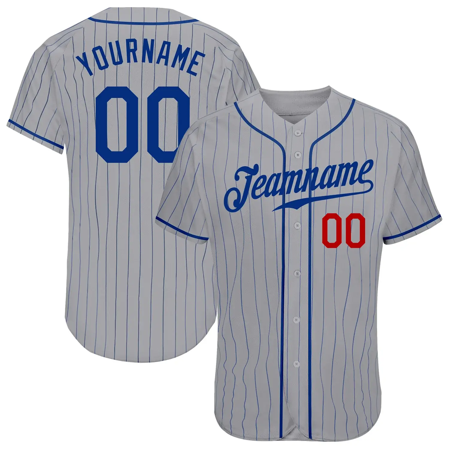 Custom Gray Pinstripe Baseball Jersey with Royal-Red